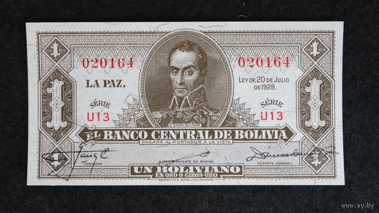 Боливия 1 боливиано 1928г. (1952г.) Pic.128