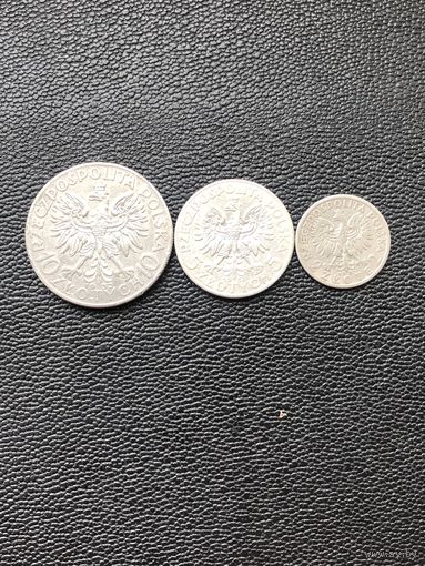 Лот польских серебряных монет 10 злотых 1932г, 5 злотых 1933г, 2 злотых 1932г