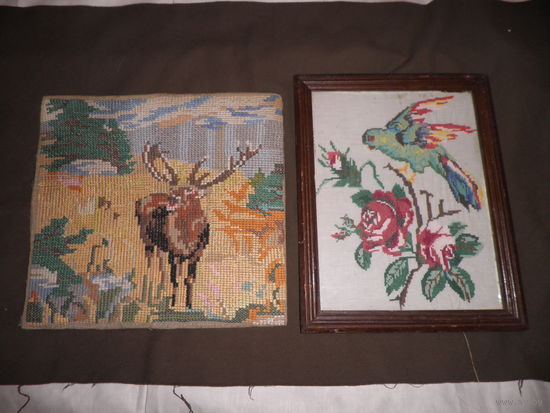 Вышивки на ткани Попугай и Олень старинные 40-50-е г.С рубля.