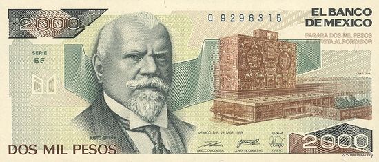 Мексика 2000 песо образца 1989 года UNC p86c серия DT