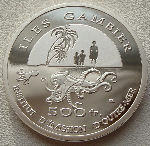 Остров Гамбье. 500 франков 2014 года  "Осьминоги"  Unusual