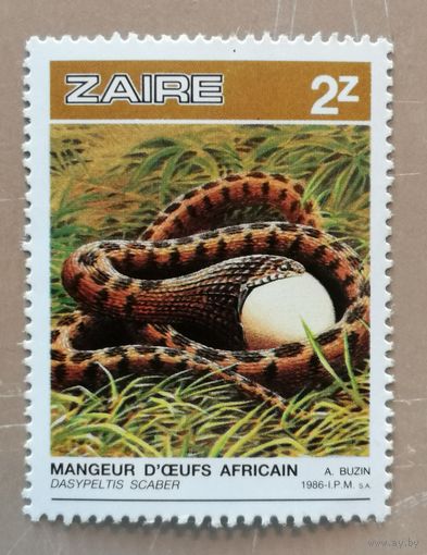 Марка Заир, Конго, фауна, африканский яйцеед, 1986 г.