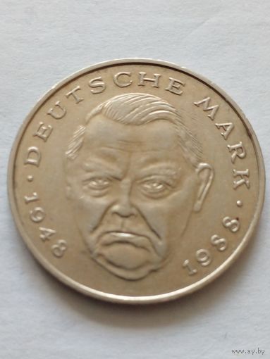 Германия. 2 марки 1990 D. Люлвиг Эрхард Канцлер ФРГ(1963-1966).
