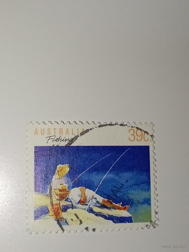 Австралия год 1989.  Изображение пары, занимающейся рыбалкой на природе.