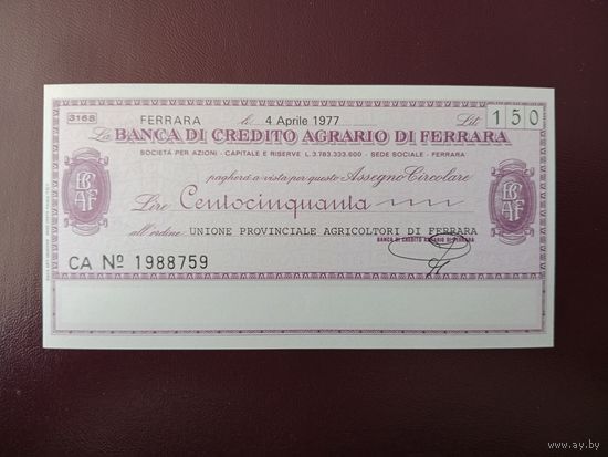 Италия Банковский чек 150 лир 1977 UNC