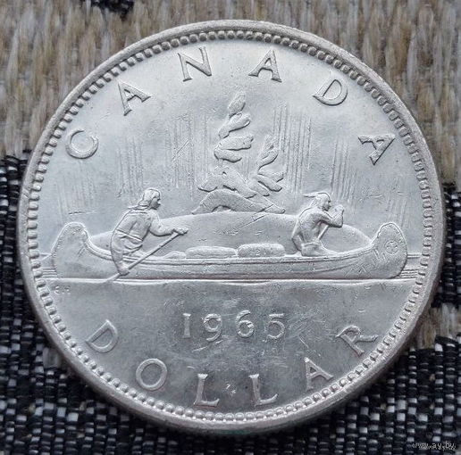 Канада 1 доллар 1965 год, AU. Елизавета II. Индейцы. Каноэ. Серебро 900. Сторгуй за свою цену, предложи обмен!