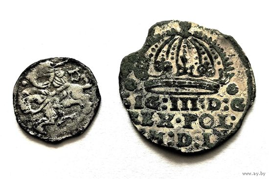 ДЕНАРИЙ БЕЗ ДАТЫ (Александр I Ягеллончик) И ГРОШ 1609 Г.СИГИЗМУНД III. ФАЛЬШ. В УЩЕРБ ОБРАЩЕНИЮ