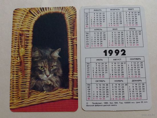 Карманный календарик. Котик.1992 год