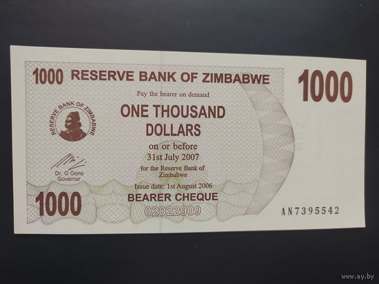 Зимбабве. 1000 долларов (образца 2006 года, P44, UNC)