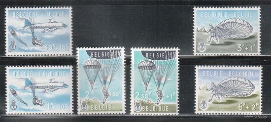 Бельгия-1960,(Мих.1190-1195)  *  , Авиация, Самолеты, Парашютный спорт(полная серия)