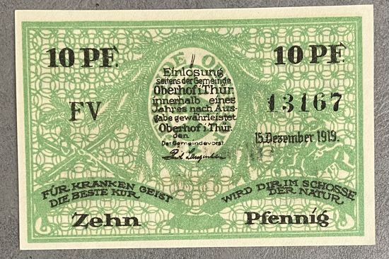 Нодгельд 10 пфеннигов 1919 год. Оберхоф. Веймарская республика