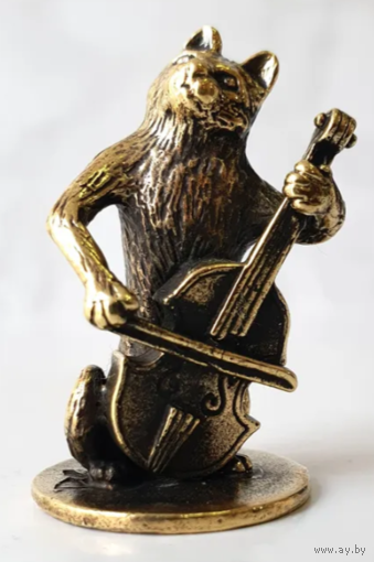Статуэтка миниатюра Кот с контрабасом Бронза