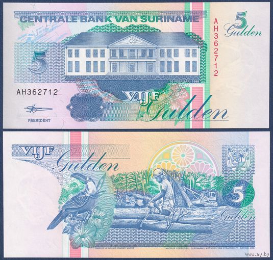 Суринам, 5 гульденов 1998 г., P-136b (AH, центробанк в Парамарибо, тукан), UNC