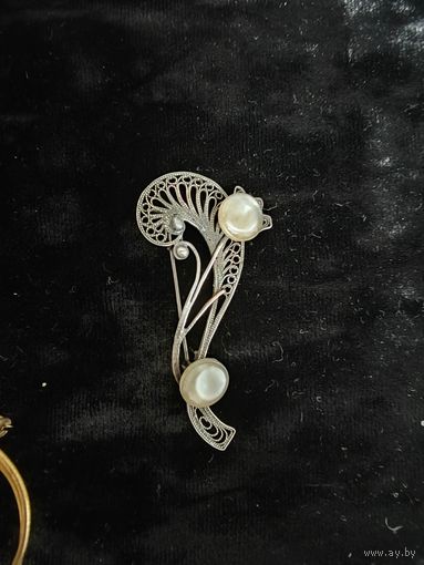 Брошь винтажная филигрань со вставками под жемчуг СССР