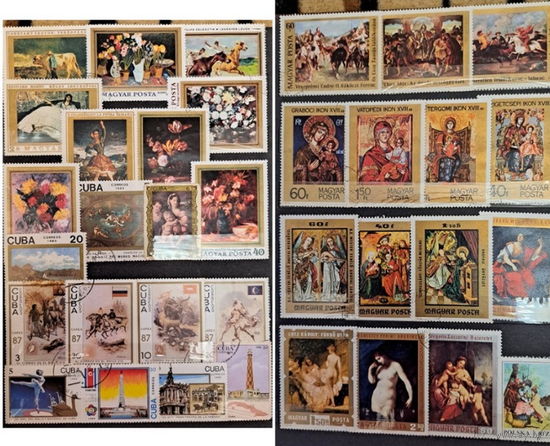 Альбом с марками: цветы, грибы, живопись, насекомые, птицы, млекопитающие, корабли, посуда