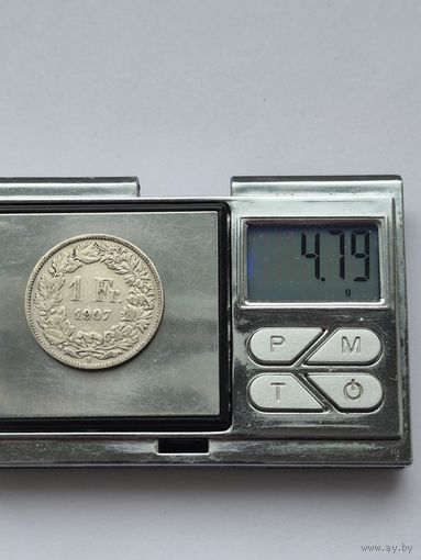 1 франк Швейцария 1907 года, Швейцарская конфедерация (1917 - 1967). Серебро 835 пробы. L45556.