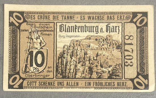 Нотгельд 10 пфеннигов 1920 год Бланкенбург-ам-Гарц. Веймарская республика