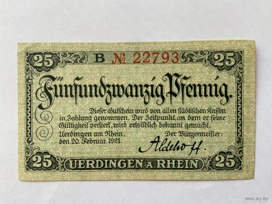 Нотгельд 25 пфеннигов Вердинген. Веймарская республика - 1602