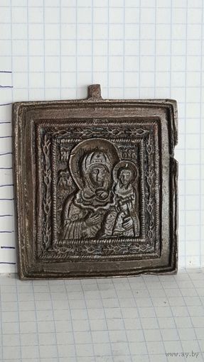 ИКОНА СМОЛЕНСКАЯ БОГОРОДИЦА С ЦАТОЙ ОБРАЗОК ПЛАСТИКА МЕДНОЛИТОЙ СПЛАВ 18  -19 ВЕК .