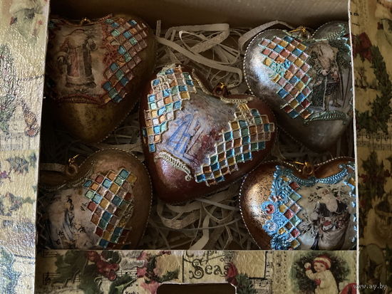 Набор 5 шт Елочные игрушки - сердечки