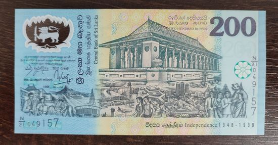 Шри-Ланка 200 рупий 1998 P-114b UNC полимер50-летие Независимости (1948-1998) Чёрный номер