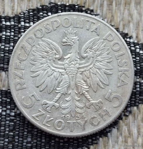Польша 5 злотых 1934 года. Ядвига. Буква монетного двора. Серебро.