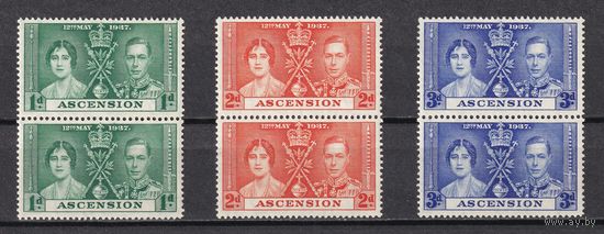 128.BrKS. Великобритания. Колонии.  Остров Вознесения. Коронация Георга VI и Елизаветы. 1937 г. Полная серия. Пары. Mi.##36-38. MNH.