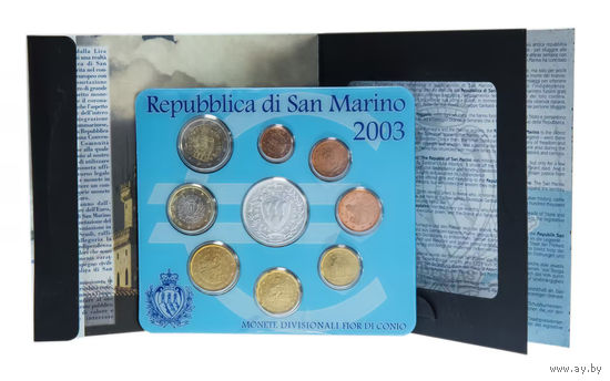 Сан-Марино 2003 год. 1, 2, 5, 10, 20, 50 евроцентов, 1, 2 и 5 Евро. Официальный набор монет в буклете с серебром "Независимость, толерантность, свобода"