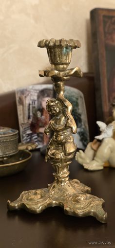 Подсвечник старинный бронза Путти 2