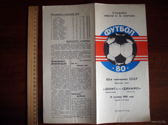 Футбольная программка Зенит (Ленинград) - Динамо (Тбилиси), 1980 г.