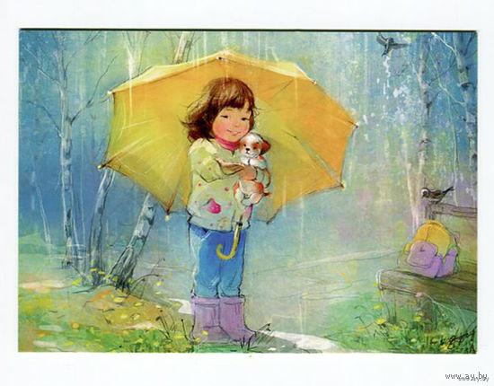 Открытка. Весна. Дождь. Желтый зонтик. Дети. Девочка. Художник Ек. Бабок (чистая)