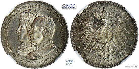 2 марки 1909 г. Саксония. Германия. NGC MS 65!!! 500 лет Лейпцигскому университету. Серебро. КМ# 1268