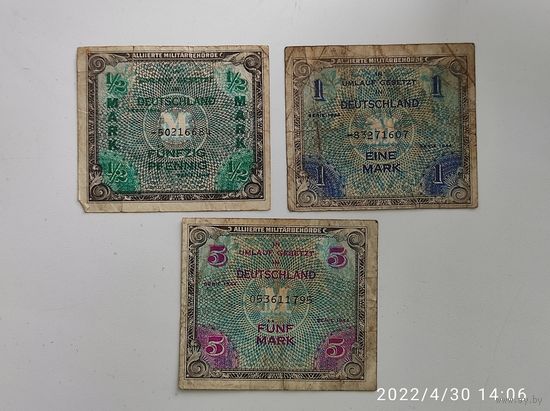 1/2 марки, 1 марка, 5 марок. 1942г. Советская зона оккупации Германии. Цена за все