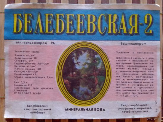 Этикетка от минералки. Белебеевский спирто-водочный комбинат
