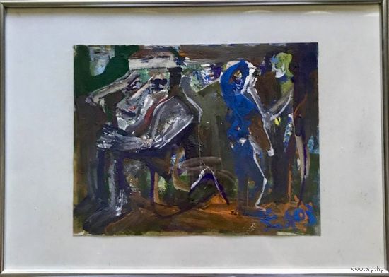 Акулов В.И. "Тайная встреча", 2003 г. Смешанная техника письма. Размер с рамой и паспарту 31х43 см.