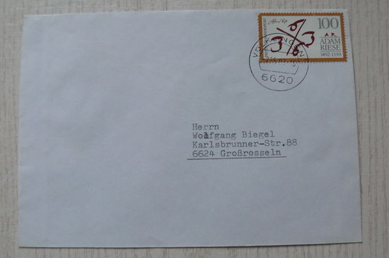 1992, Германия; Марка на конверте, Адам Ризе, математик.