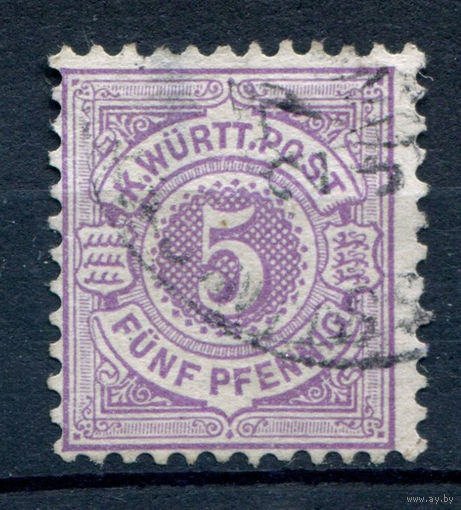 Королевство Вюртемберг - 1875г. - 5 Pf - 1 марка - гашёная, есть утончение [Mi 45]. #1-Wu-12-A-1
