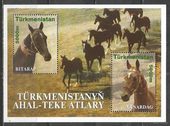 Туркменистан. Ахалтекинские лошади. 2001г. Mi#Бл10.
