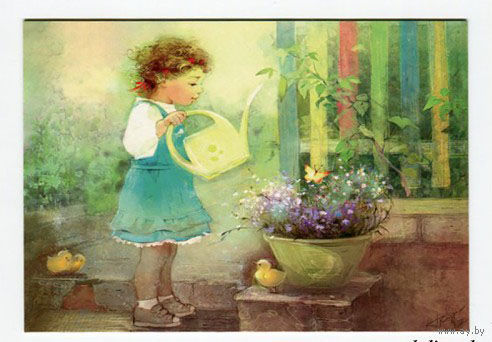 Открытка. Лето. На даче. Сад. Цветы. Дети. Девочка. Художник Ек. Бабок (чистая)