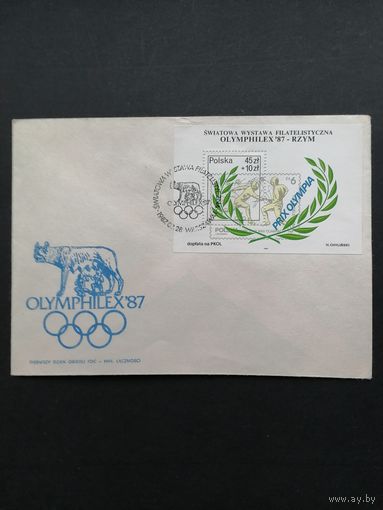 Польша 1987 КПД с блоком Mi.104 и маркой "Международная филателистическая выставка "OLYMPHILEX-87" в Риме" (спецгашение) Mi.3112 каталог 1.50 евро