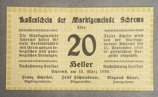 Нотгельды Австрия Шремс 20 геллеров 1920 год.