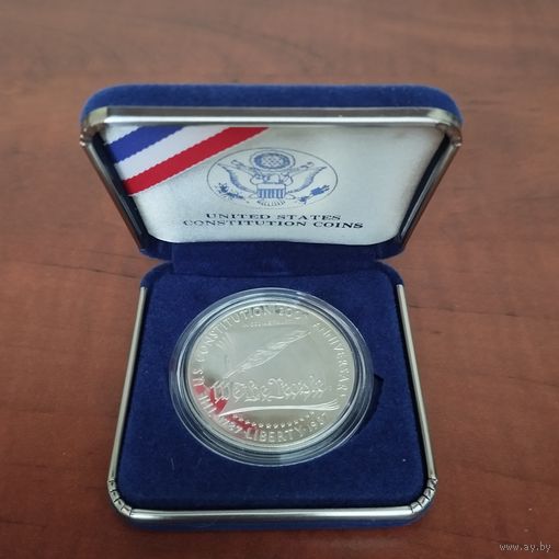 США 1 доллар. Серебро.  200 лет конституции США. ПРУФ. 1987