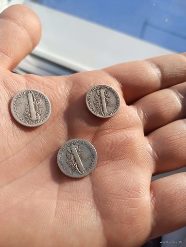 США 10 центов ( дайм) 1936,1944,1945 года ,серебро 900 пробы