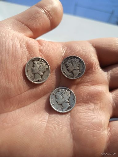 США 10 центов ( дайм) 1936,1944,1945 года ,серебро 900 пробы