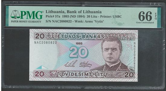 Литва 20 лит 1993 года. Тип Р-57а. Состояние UNC. В слабе PMG 66