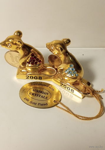 Статуэтки - КРЫСА с Монетой, 2 шт. Покрытие 24 карата+ кристаллы СВАРОВСКИ