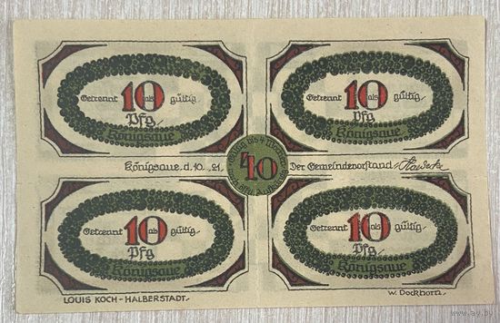 Нотгельд , 10 пфеннигов, Кёнигсауэ 1921 год Веймарская республика