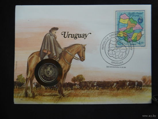Уругвай 1 новый песо 1980 г  конверт первого дня КПД