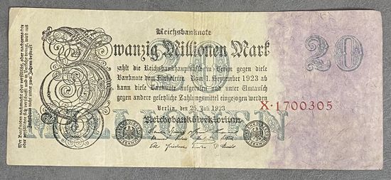 Банкнота 20 миллионов марок. 1923 год. Веймарская республика.