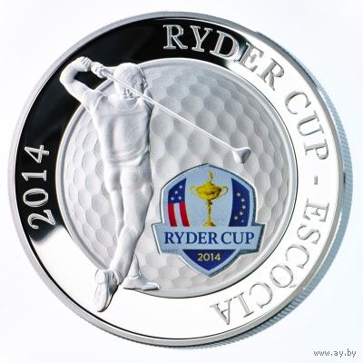 Андорра 5 динер 2014г. "Гольф. Кубок RYDER". Монета в капсуле; подарочном футляре; сертификат; коробка. СЕРЕБРО 31,10гр.(1 oz).